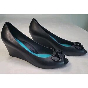 OkaB Peep Toe Wedge Sandals Black Womens 9
